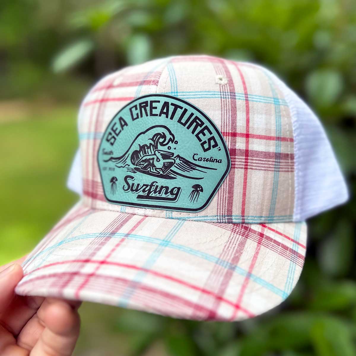 Sea Creatures Surfing Plaid Trucker Hat